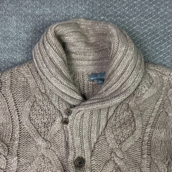LL Bean Cardigan Sweater Mens Large Brown Heavy Wool Cable Knit Fisherman Chunky - Picture 2 of 12